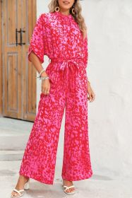 Rose Leopard Print Tulip Sleeve Belted Wide Leg Jumpsuit (size: (US 12-14)L)