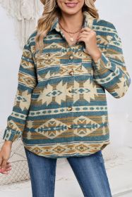 Dark Blue Geometric Print Flap Pockets Button Up Jacket (size: (US 12-14)L)