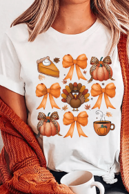 White Turkey Bow Pumpkin Thanksgiving T Shirt (size: (US24-26)3XL)