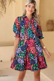 Blue Leopard Print Smocked Cuffs Puff Sleeve Dress (size: (US 8-10)M)