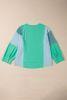 Green Colorblock Patchwork Waffle Buttoned Cuffs Top