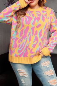 Bright Pink Plus Size Leopard Ribbed Trim Sweater (size: (US 14W-16W)1X)