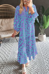Sky Blue Abstract Print Puff Sleeve Smocked V Neck Maxi Dress (size: (US 12-14)L)
