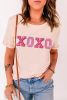 Pink XOXO Letter Printed Roll Up Sleeve Graphic Tee