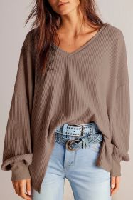 Coffee Waffle V Neck Drop Shoulder Loose Top (size: (US 20-22)2XL)