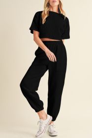 Black Textured Cropped Tee and Jogger Pants Set (size: (US 12-14)L)