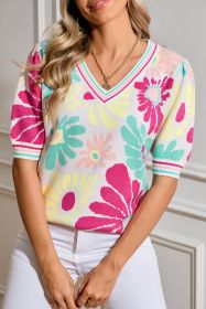 Multicolour Retro Floral Striped V-Neck Knitted Top (size: (US 12-14)L)