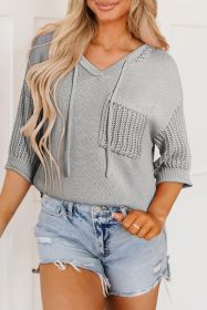 Light Grey Drawstring Short Sleeve Knit Hooded Top (size: (US 12-14)L)