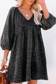 Black Dark Wash Empire Waist V Neck Denim Dress (size: (US 12-14)L)