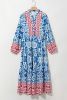 Sky Blue Ethnic Floral Print Notch Neck Plus Size Dress
