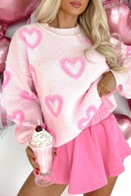 Pink Heart Shape Bubble Sleeve Baggy Sweater (size: (US 12-14)L)