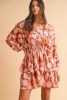 Brown Floral Puff Sleeve Smocked Waist Layered Dress
