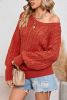 Orange Eyelet Lantern Sleeve Ribbed Trim Sweater