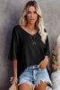 Black Waffle Knit Casual Drop Shoulder Loose Top