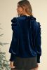 Navy Blue Mock Keyhole Neck Puff Sleeve Velvet Blouse