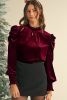 Red Mock Keyhole Neck Puff Sleeve Velvet Blouse