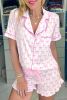 Pink Bowknot Print Shirt and Ruffle Hem Shorts Pajama Set