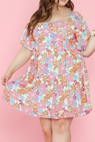 Multicolour Floral Puff Sleeve Square Neck Plus Babydoll Dress (size: (US 18W-20W)2X)