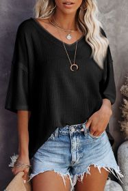 Black Waffle Knit Casual Drop Shoulder Loose Top (size: (US 12-14)L)