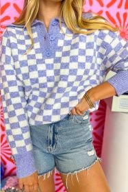 Purple Checkered Collared Buttons Plus Size Sweater (size: (US 18W-20W)2X)