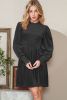 Black Smocked Lantern Sleeve Frilled Velvet Dress