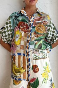 Multicolour Floral Print Short Sleeve Collar Blouse (size: (US 12-14)L)