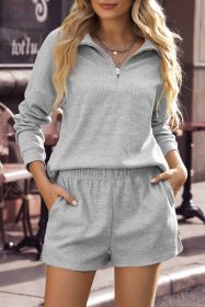 Gray Ribbed Zipper Sweatshirt & High Waist Shorts Set (size: (US 12-14)L)