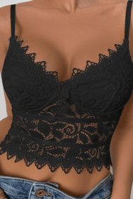 Black Lace Sexy Hollow Thin Cup Underwear Camisole (size: (US 8-10)M)