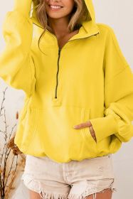 Yellow Solid Color Half Zip Pullover Hoodie with Kangaroo Pocket (size: (US 8-10)M)