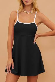 Black Sporty Ribbed Spaghetti Straps Swim Dress (size: (US 8-10)M)
