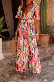 Pink Boho Tie Dye Print V Neck Side Split Maxi Dress (size: (US 12-14)L)