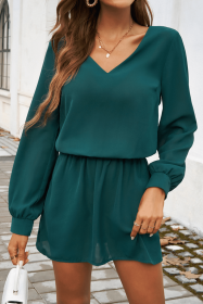 Evergreen Solid Color Long Sleeve V Neck Bubble Sleeve Dress (size: (US 12-14)L)
