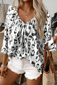 Black Leopard Print V Neck 3/4 Sleeve Blouse (size: (US 12-14)L)