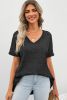 Gray Waffle Knit Casual V Neck T Shirt