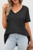 Gray Waffle Knit Casual V Neck T Shirt