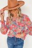 Multicolor Floral Print Smocked Cuffs Long Sleeve Blouse