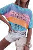 Sky Blue Knitted Eyelet Colorblock Half Sleeves Top
