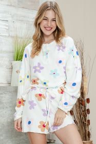 White 60s Floral Print Henley Top & Drawstring Shorts Loungewear Set (size: (US 8-10)M)
