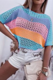 Sky Blue Knitted Eyelet Colorblock Half Sleeves Top (size: (US 8-10)M)