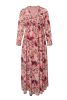 Pastel Red Floral Print Ruffle Trim Plunge Neckline Maxi Dress