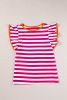 Rose Red Ruffle Sleeve Contrast Trim Striped Tee