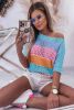Sky Blue Knitted Eyelet Colorblock Half Sleeves Top