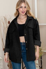 Black Lattice Texture Retro Flap Pocket Button Quilted Shacket (size: (US 18-20)2XL)