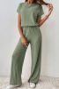 Grass Green Solid Color Ribbed Short Sleeve Wide Leg Jumpsuit