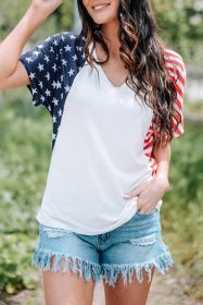 American Flag Print Short Sleeve V Neck T Shirt (size: (US 18-20)2XL)