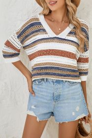 Multicolour Striped V Neck Hollow Knitted Half Sleeve Sweater (size: (US 12-14)L)