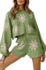 Green 60s Floral Print Knitted Top & Drawstring Shorts Two Piece Set