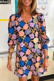 Navy Blue Hydrangea Floral V Neck Puff Sleeve Dress (size: (US 12-14)L)
