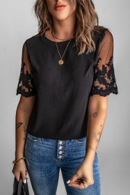 Black Sheer Flower Lace Short Sleeve Summer Top (size: (US 16-18)XL)