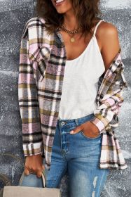 Flannel Button Up Long Sleeve Pink Plaid Shacket (size: (US 16-18)XL)